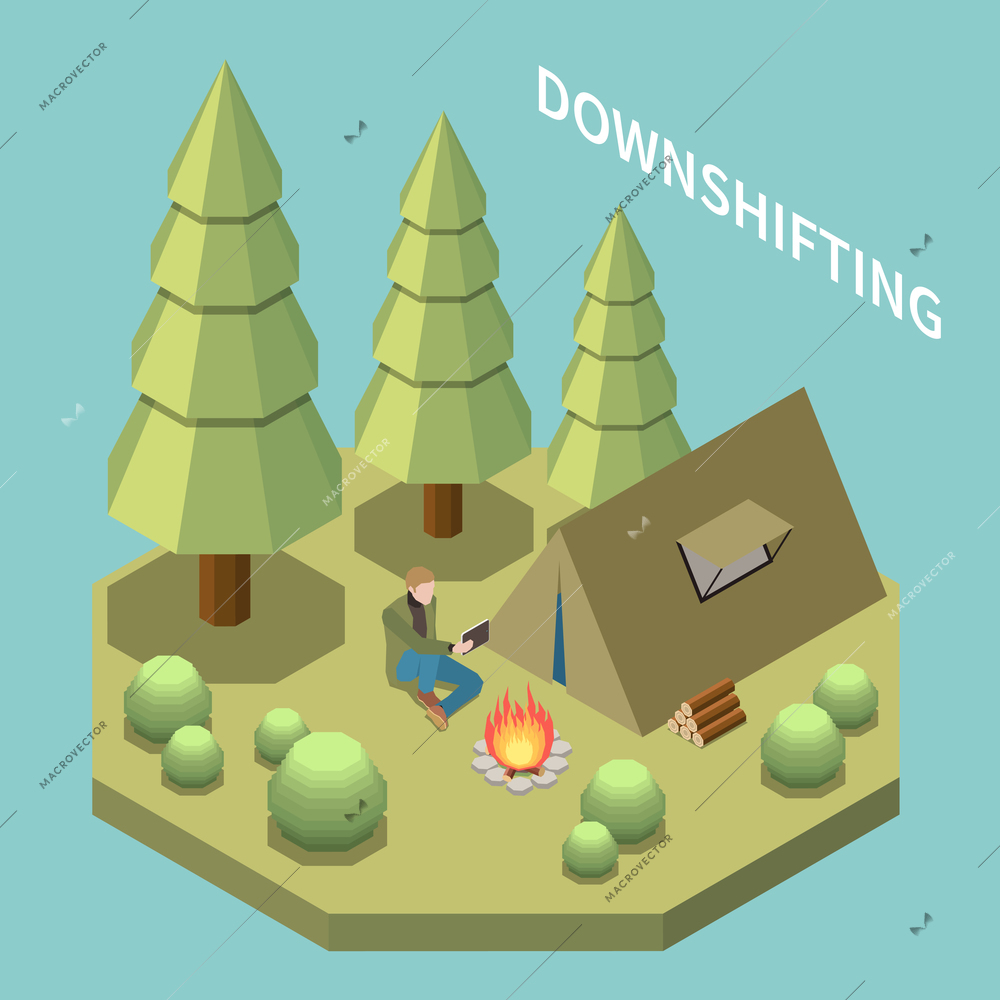 Downshifting isometric composition with man working remotely while camping in forest 3d vector illustration