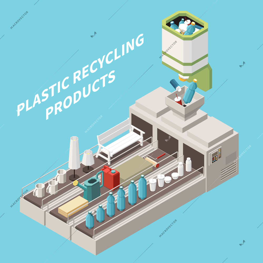 Plastic recycling process isometric concept with various products and packagings on conveyor line on blue background 3d vector illustration