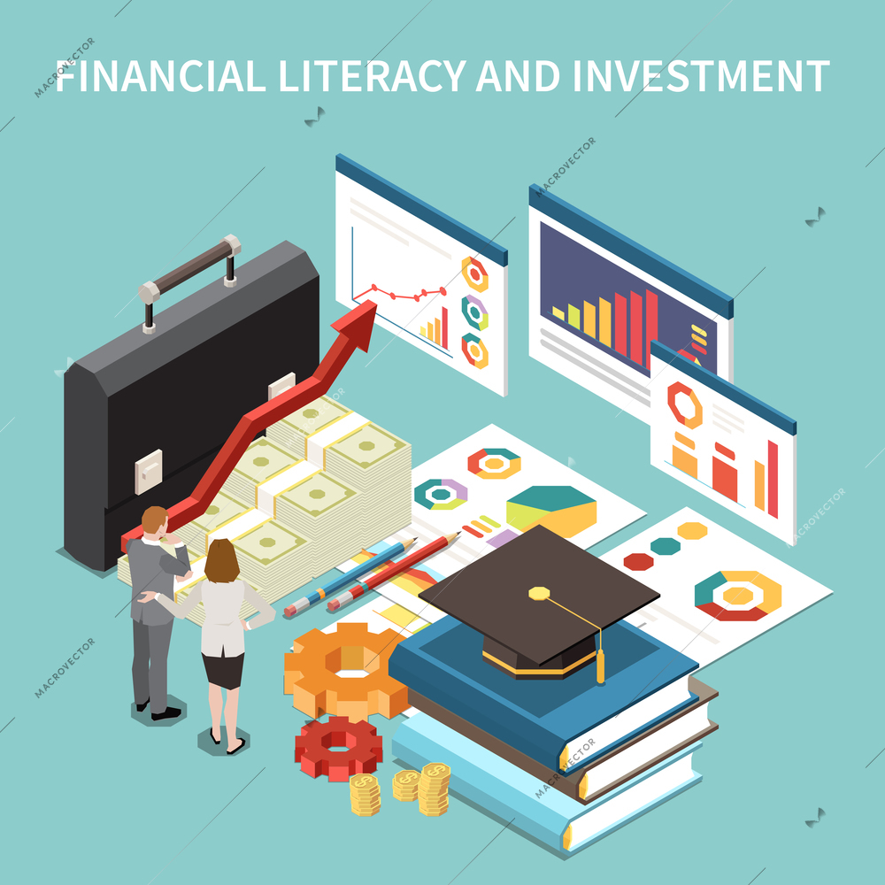 Financial literacy education investment budget planning composition with charts books money and human characters 3d isometric vector illustration