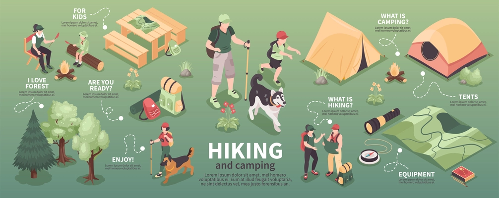 Isometric hiking and camping infographics with isolated icons of tents campfire with people and text captions vector illustration