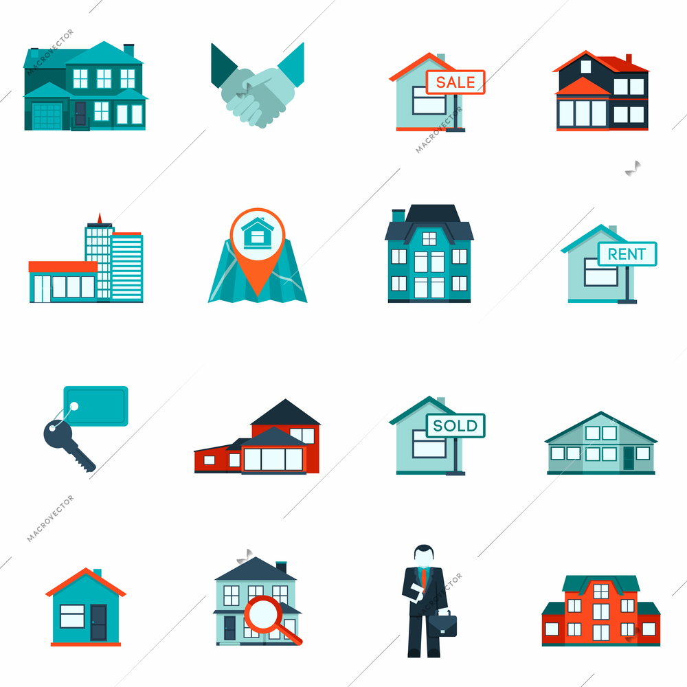 Real estate house and apartment rent and sale icon flat set isolated vector illustration