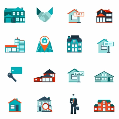 Real estate house and apartment rent and sale icon flat set isolated vector illustration