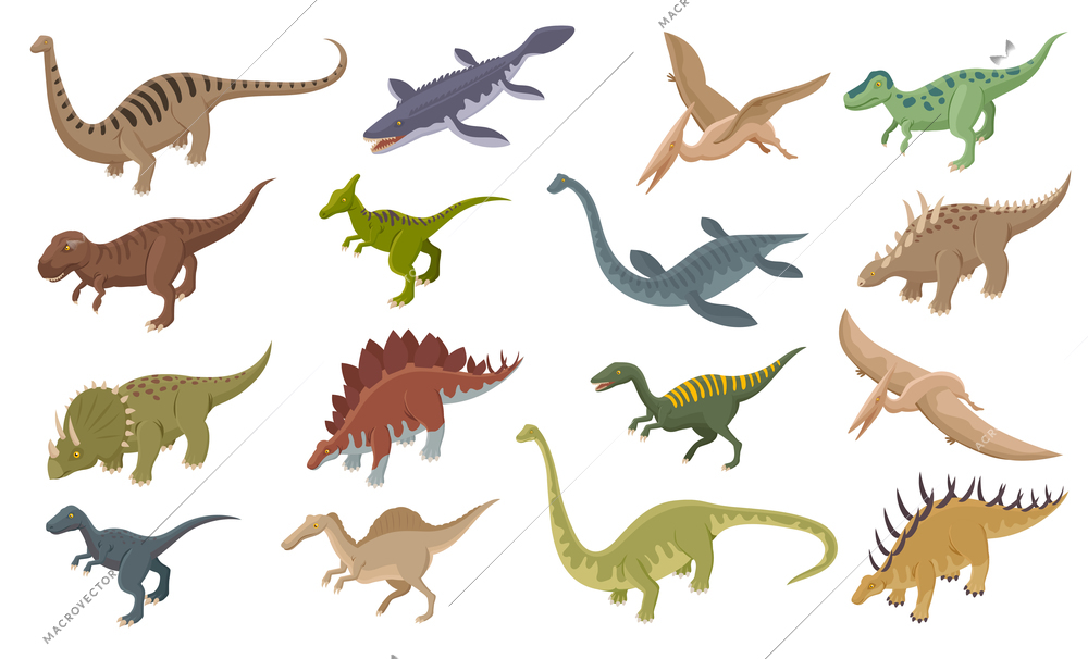 Set with isolated icons of dinosaurs with isometric images of ancient beasts reptiles on blank background vector illustration