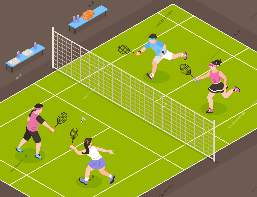 Isometric badminton composition with view of tennis court and mixed doubles match taking place with benches vector illustration