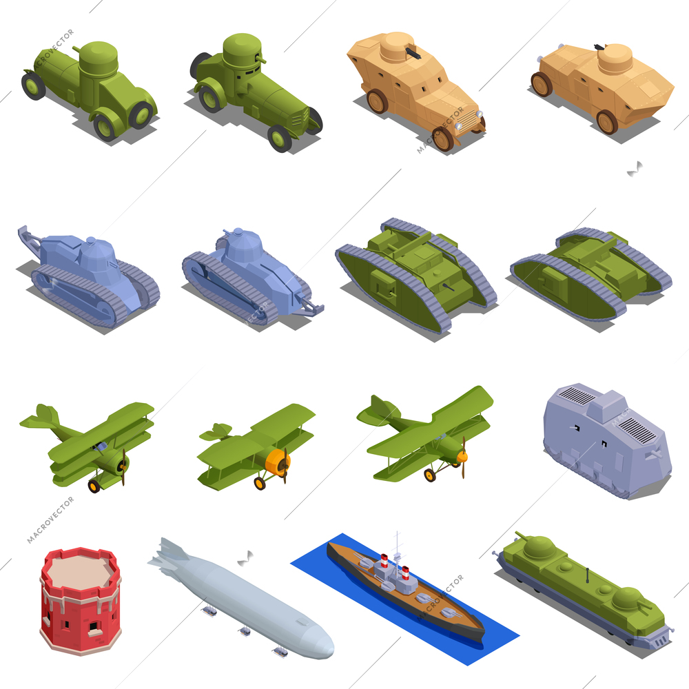 First world war military vehicles and equipment isometric set isolated vector illustration