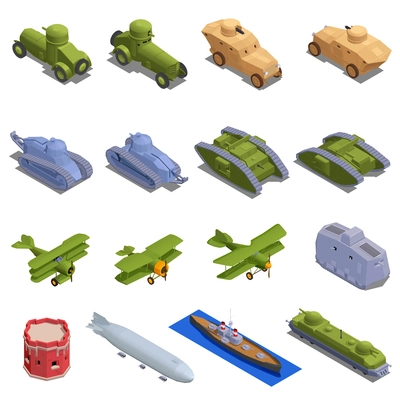 First world war military vehicles and equipment isometric set isolated vector illustration