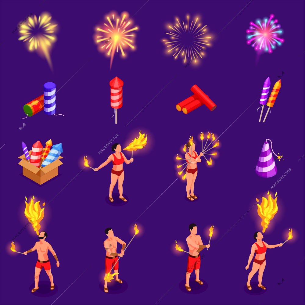 Fireworks pyrotechnics and fire show performers isometric icons set isolated vector illustration