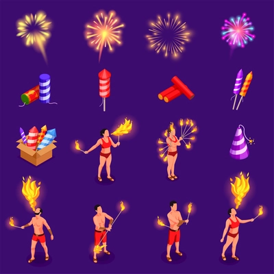 Fireworks pyrotechnics and fire show performers isometric icons set isolated vector illustration