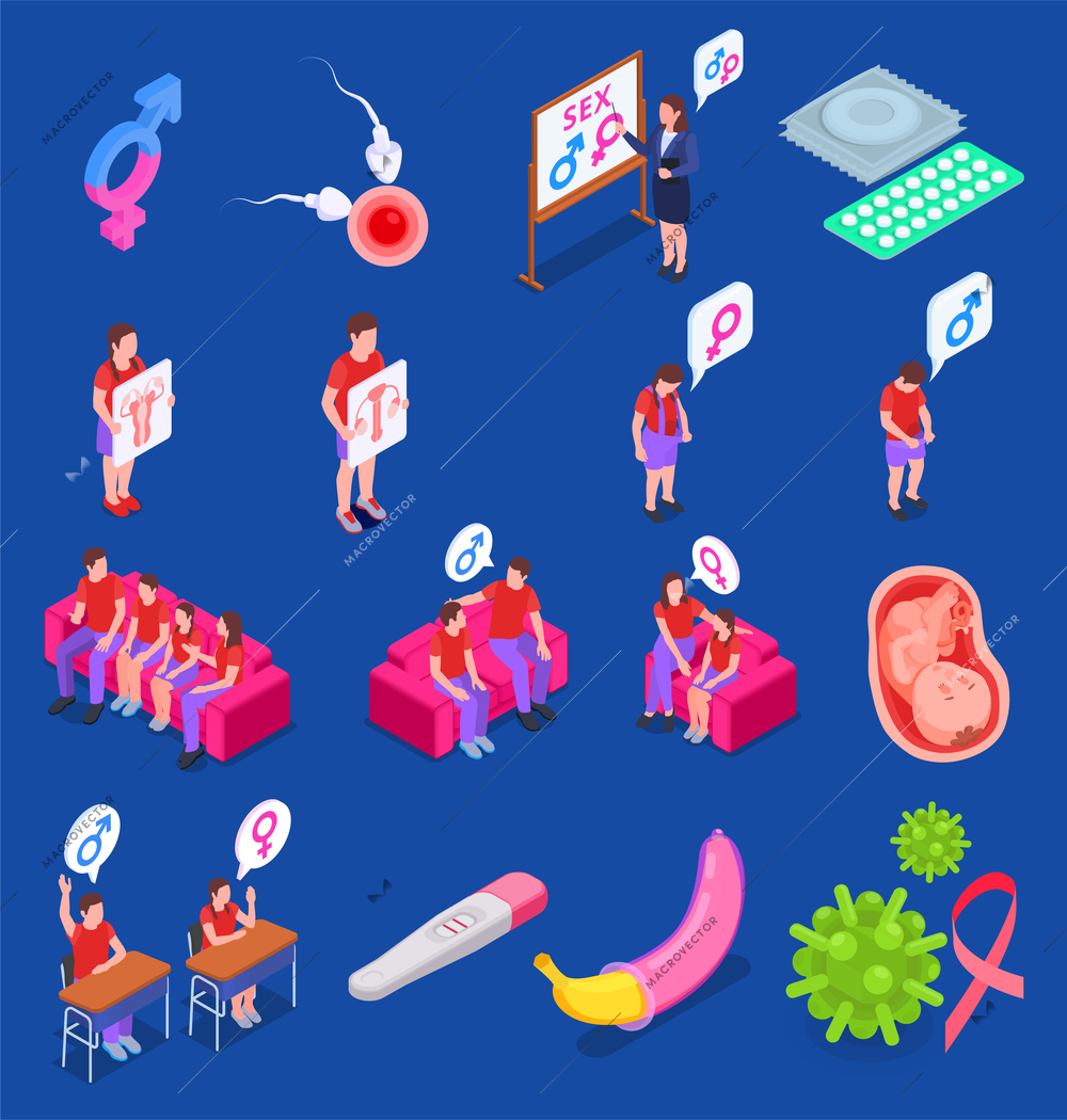 Sex education isometric icons set with contraception and anatomy symbols isolated vector illustration