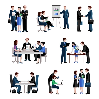 Teamwork icons set with men and women teams conference brainstorming isolated vector illustration