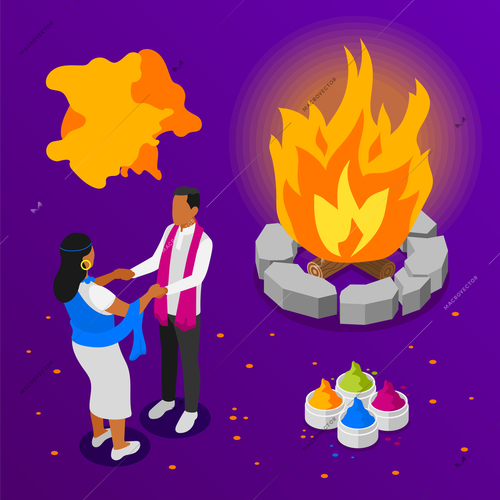 Happy holi festival of colors violet background with dancing indian couple bonfire and colorful powder set isometric vector illustration