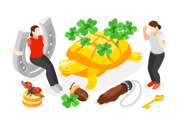 Lucky symbols isometric composition with big turtle decorated by clover leaves rabbit foot and acorn elements vector illustration