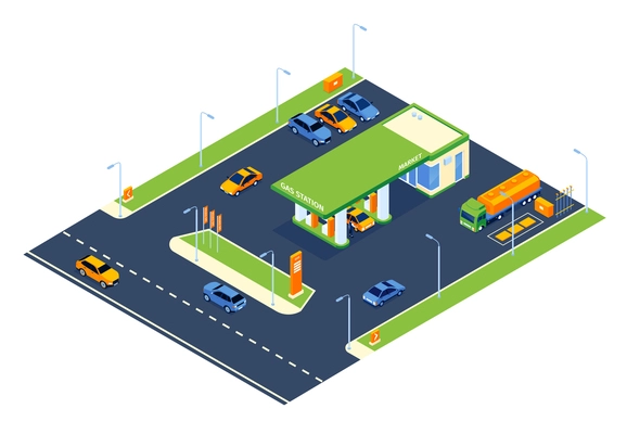 Isometric gas station composition with outdoor view of petrol filling station with service buildings storage tanks vector illustration