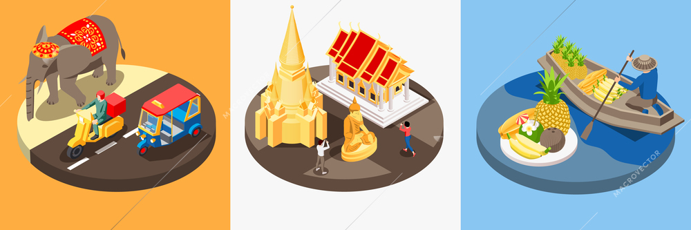 Thailand touristic isometric set with three compositions of elephant and scooter on road temples and food vector illustration