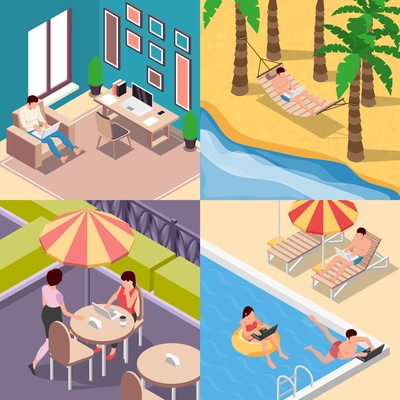 Digital nomads 2x2 set of square compositions with isometric views of people working in casual situations vector illustration