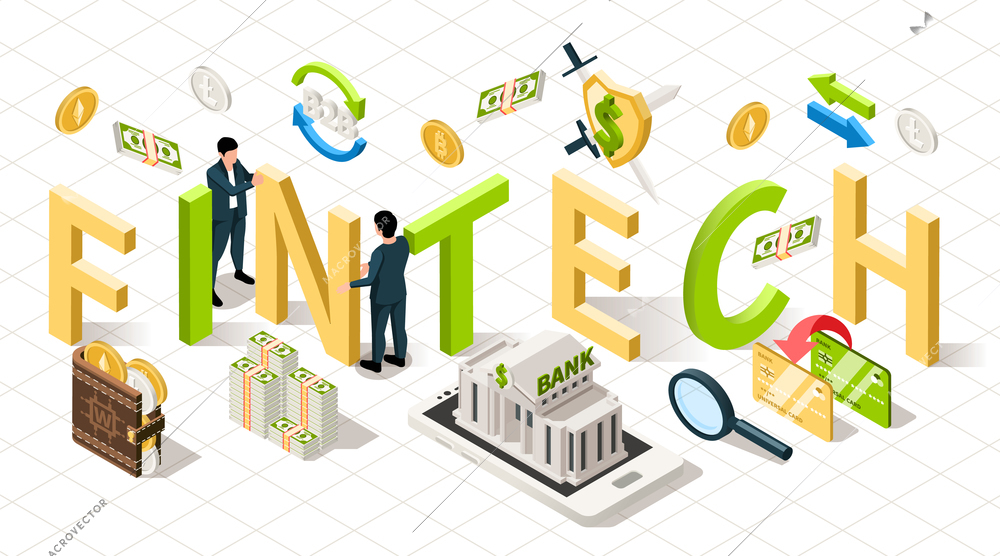 Fintech isometric composition with 3d text surrounded by isolated banking cash and payments icons with people vector illustration