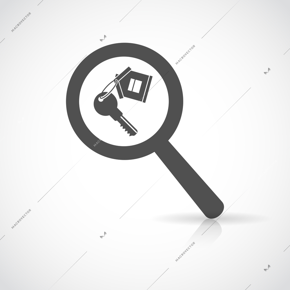 Magnifier and key with house tag real estate black icon vector illustration