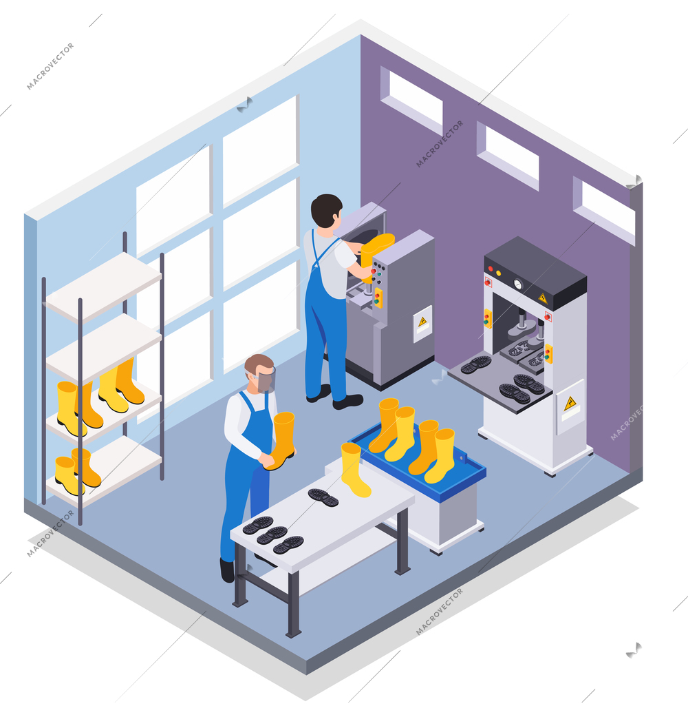 Rubber production isometric composition with two workers making boots on modern machinary 3d vector illustration