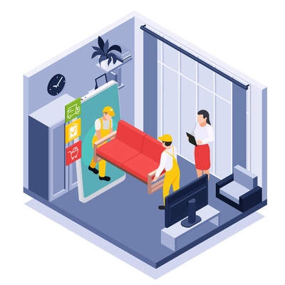 Online shopping isometric composition with workers in home interior unloading of sofa ordered remote 3d vector illustration