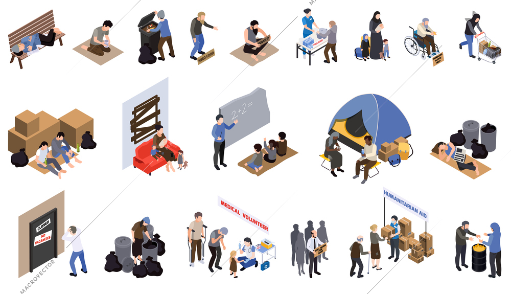 Poverty isometric icons set of begging paupers disabled needed in medical care  homeless refugees voulonteers distributing goods isolated vector illustration