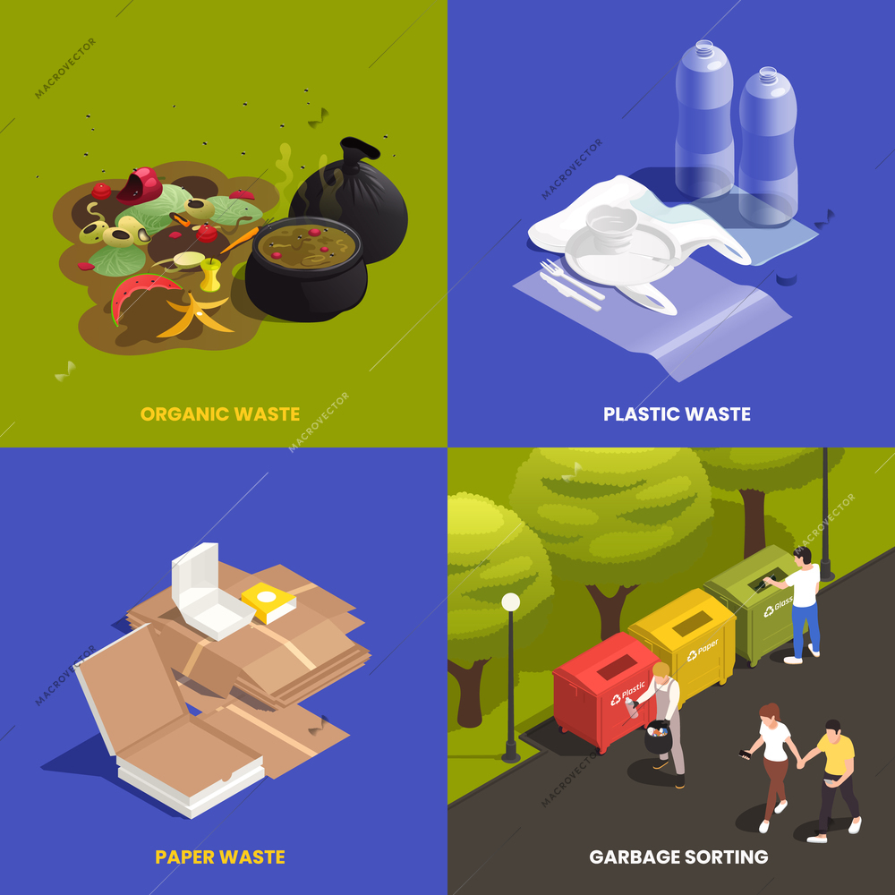 Isometric 2x2 design concept set with organic plastic paper waste and people sorting garbage in park 3d isolated vector illustration