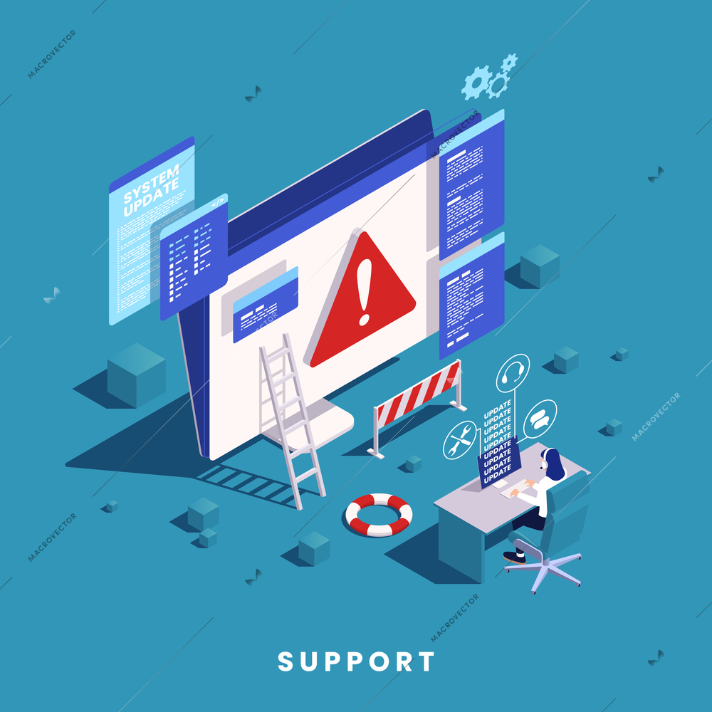 Technical support isometric concept with 3d system update computer symbols and female character at work on color background vector illustration