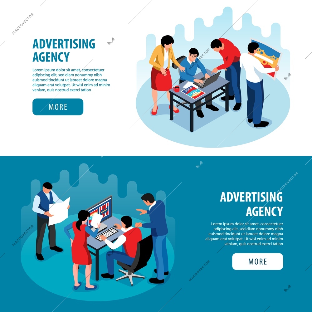 Set of two isometric advertising agency horizontal banners with text more buttons and characters of coworkers vector illustration