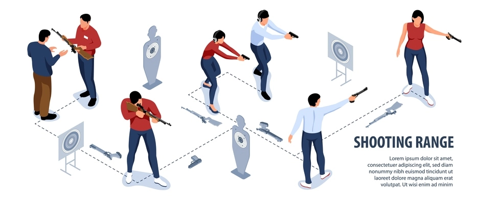 Isometric shooting range infographics with editable text and icons of targets with people and dashed lines vector illustration