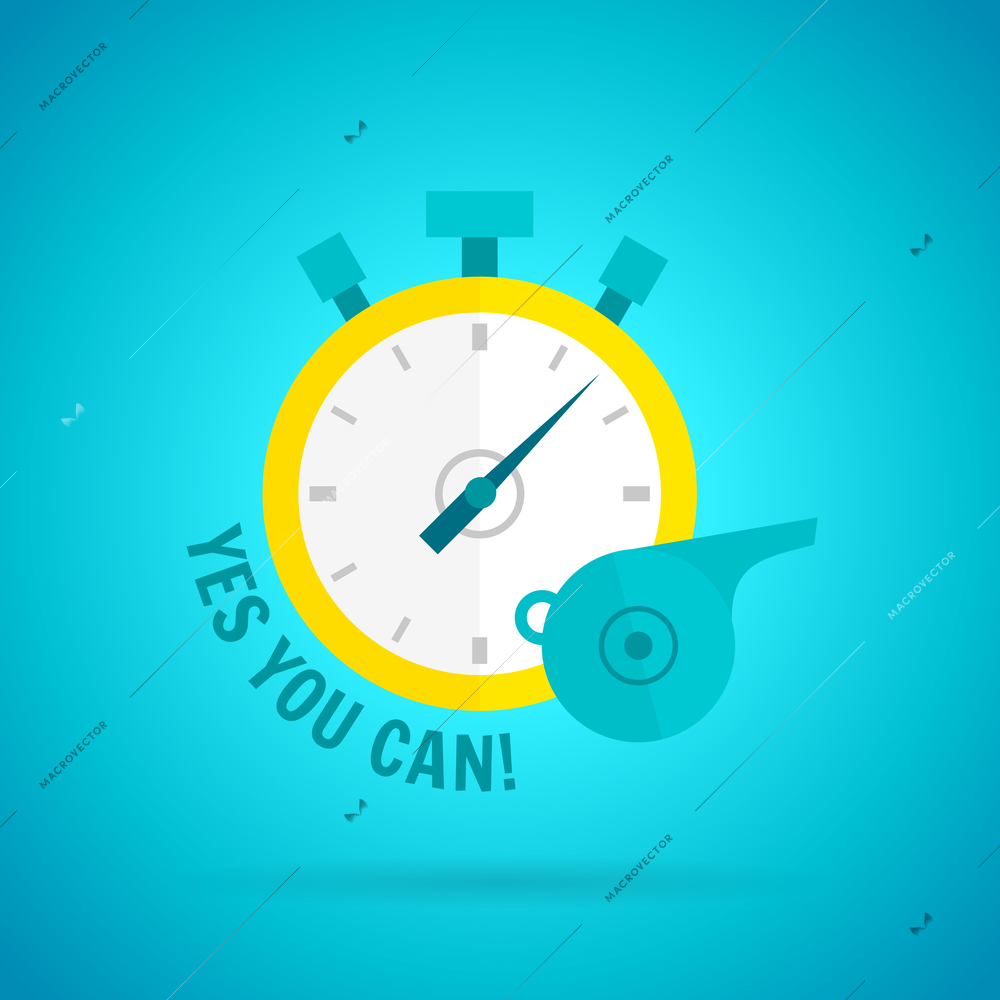 Coaching poster flat with stopwatch and motivation letters vector illustration