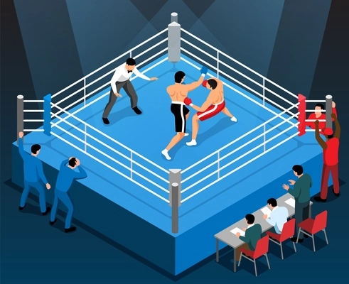 Isometric boxing tournament composition with view of boxing ring with boxers referee and judges at table vector illustration