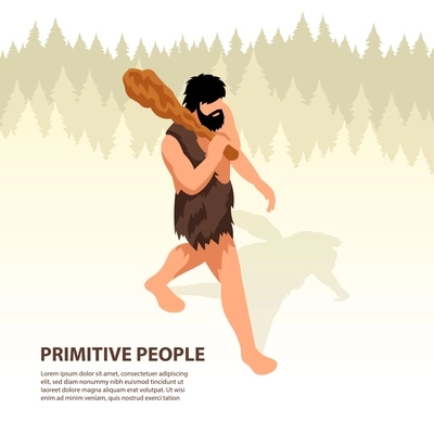 Isometric primitive people forest background with composition of editable text and walking character of prehistoric man vector illustration