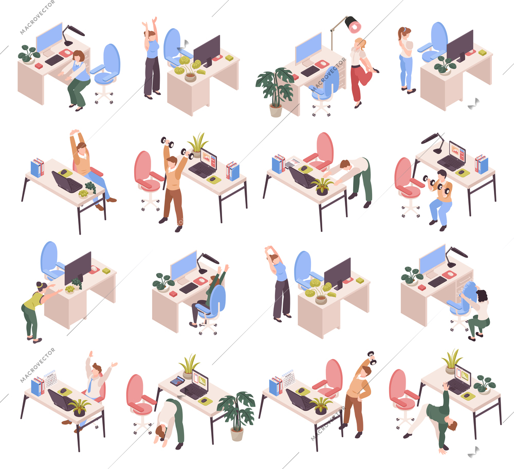 Office workers doing workout warming up at their work places isometric set against white background isolated 3d vector illustration