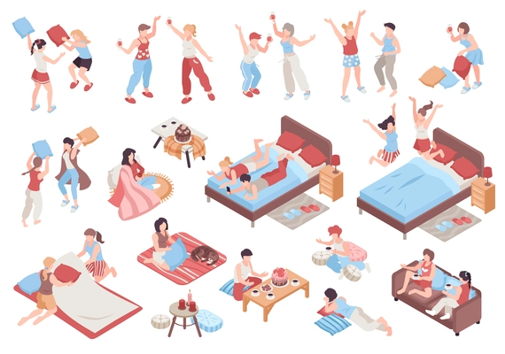 People wearing pajamas dancing eating cakes pillow fight at sleepover isometric set isolated on white background 3d vector illustration