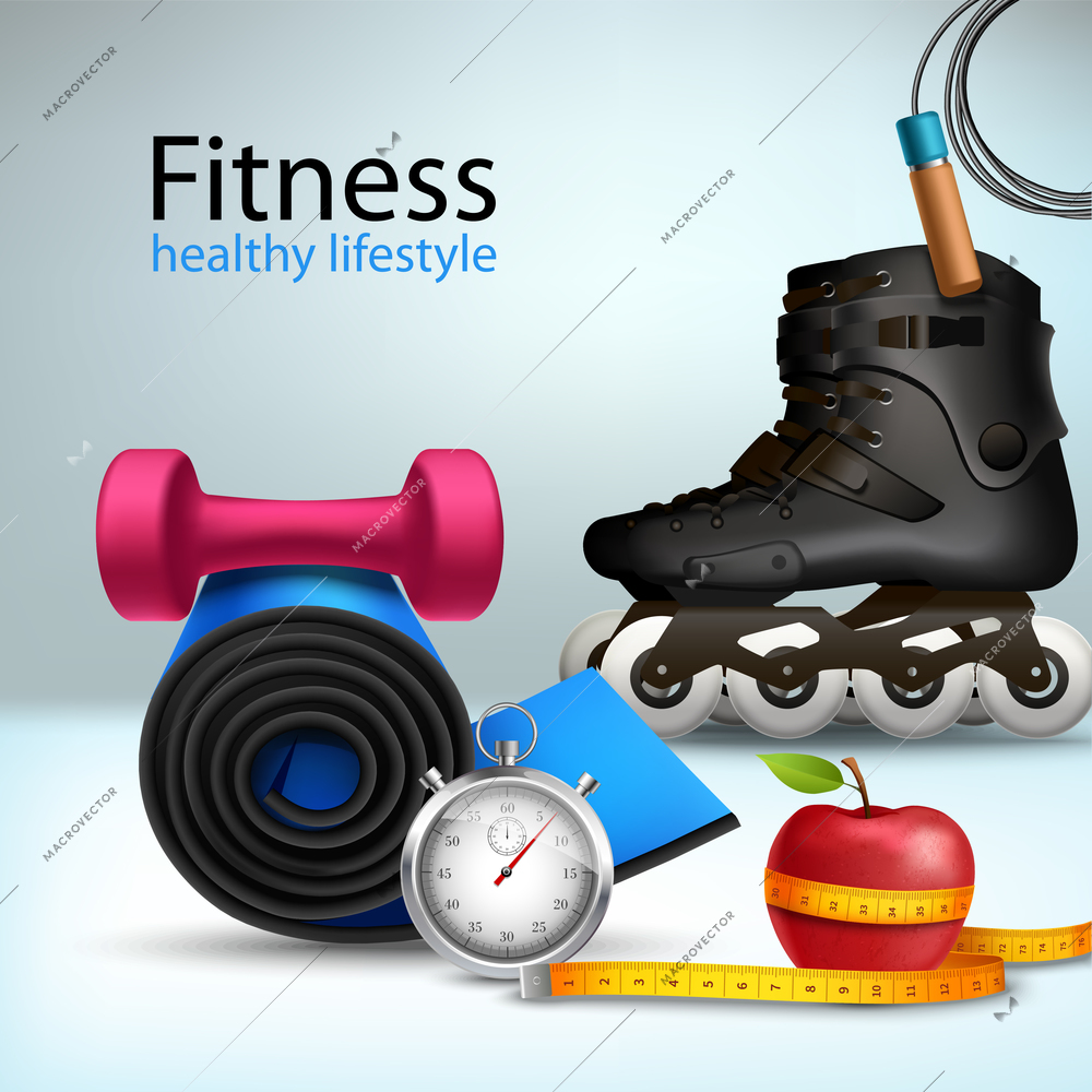 Fitness sport and healthy lifestyle background with roller skates apple jumping rope vector illustration