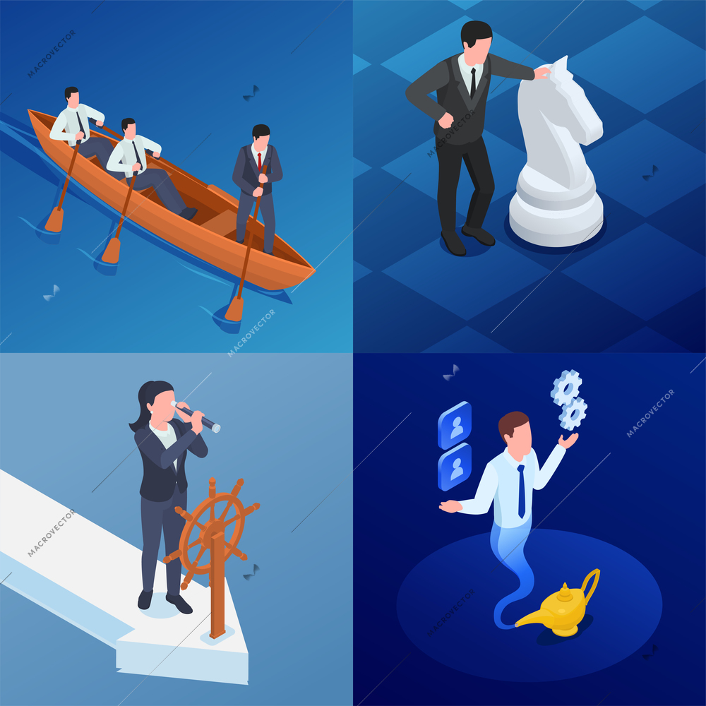 Leadership infographic design concept with isometric views of business persons rowing boat flying jinn and knight vector illustration