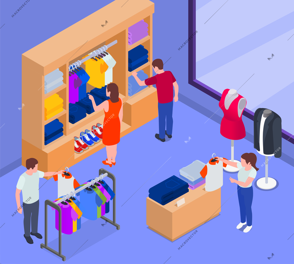 Fast fashion problems isometric infographic composition with indoor view of clothing store boutique with human characters vector illustration