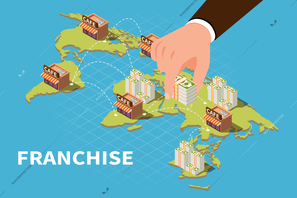 Franchise isometric composition big hand of  business network manager or franchisee places his points of sale on the map vector illustration