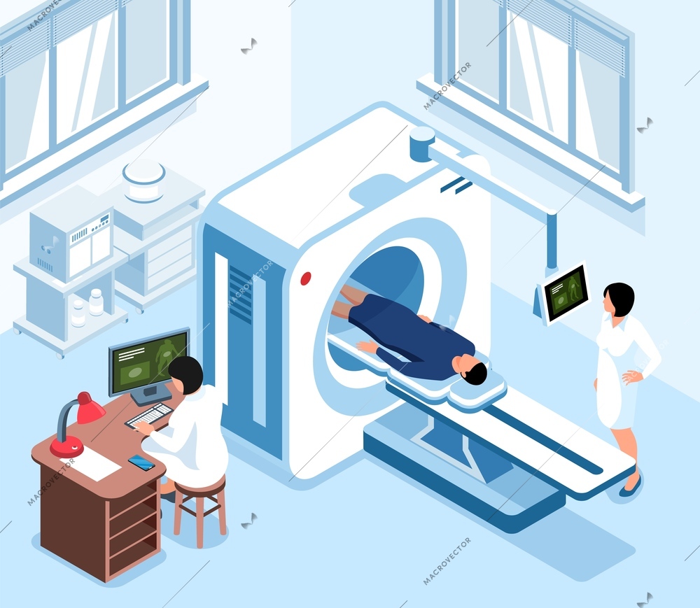 Isometric scan diagnostic composition with two doctors in the office diagnose a patients health with MRI machine vector illustration