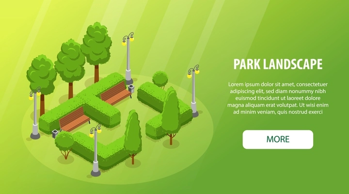 Isometric park landscape horizontal banner with big headline and white more button vector illustration