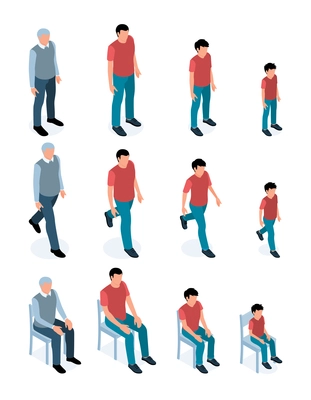 Men generations isometric male characters set of all age categories from infancy to maturity isolated vector illustration