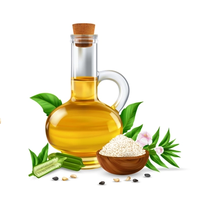 Realistic glass jug of natural sesame oil with cork wooden bowl of white seeds and green leaves vector illustration