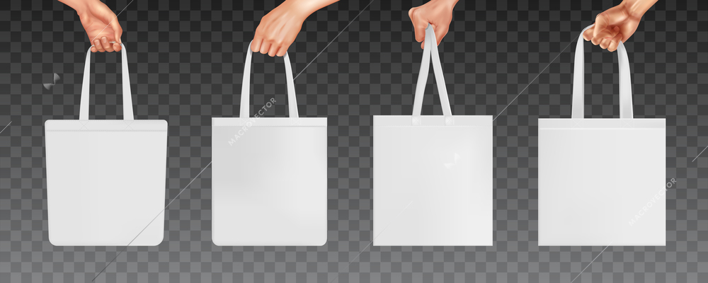 Set of isolated realistic human hands holding light bags made of paper cloth on transparent background vector illustration