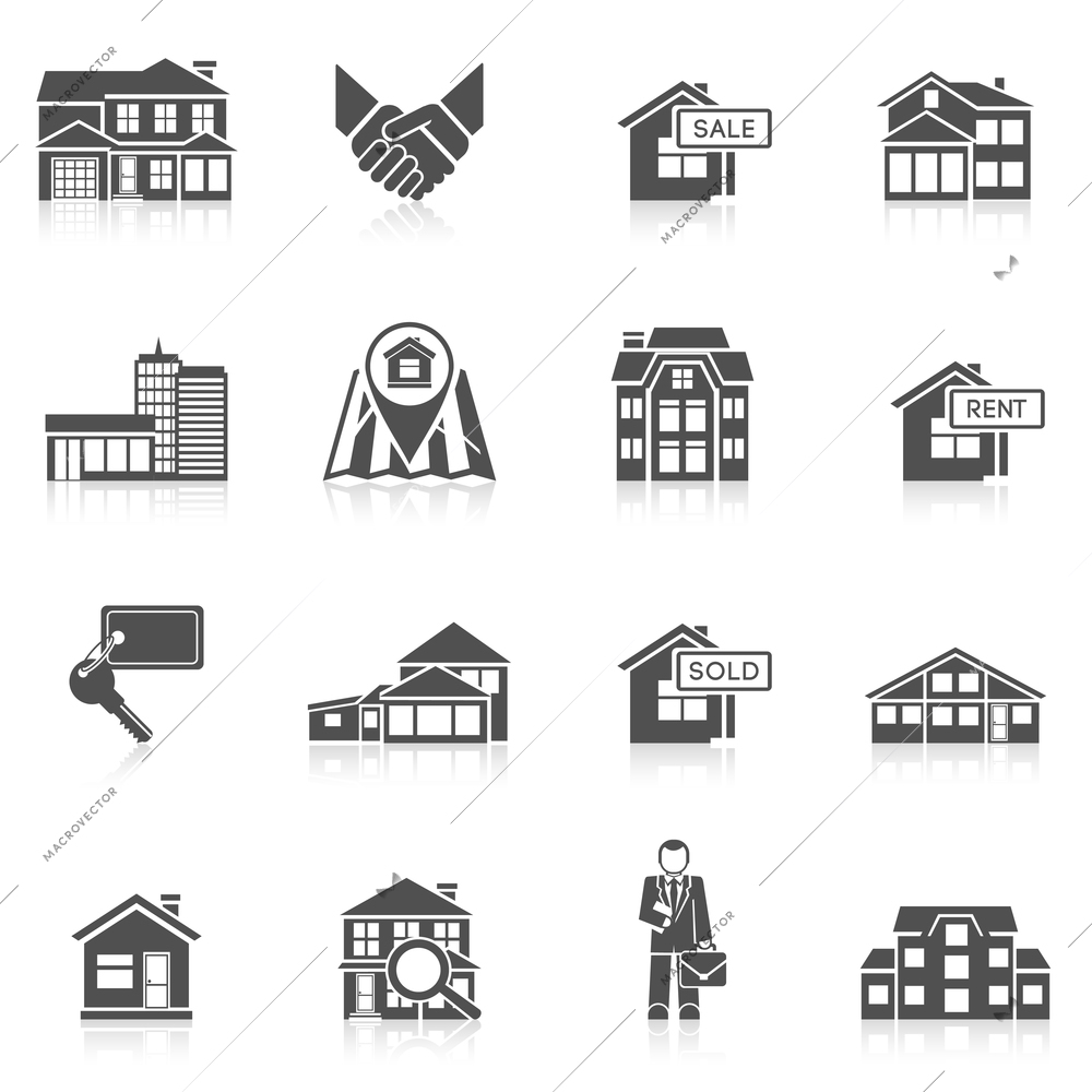 Real estate commercial buildings rent business black icon set isolated vector illustration