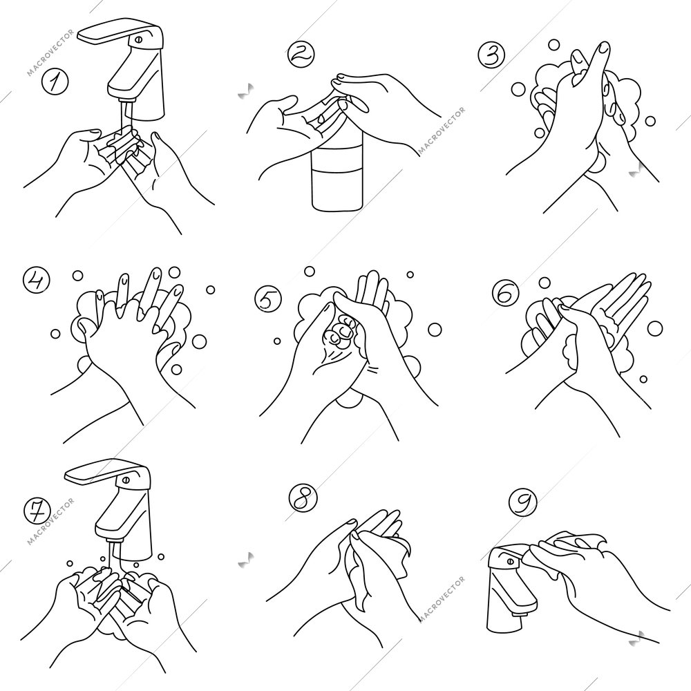 Washing hands line set with isolated flat wireframe compositions with numbered stages of washing human hands vector illustration