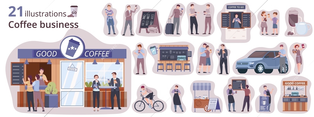 Coffee to go composition set with business symbols flat isolated vector illustration