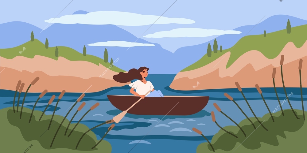 Rowing as form of recreation flat poster with young girl traveling in boat for pleasure vector illustration