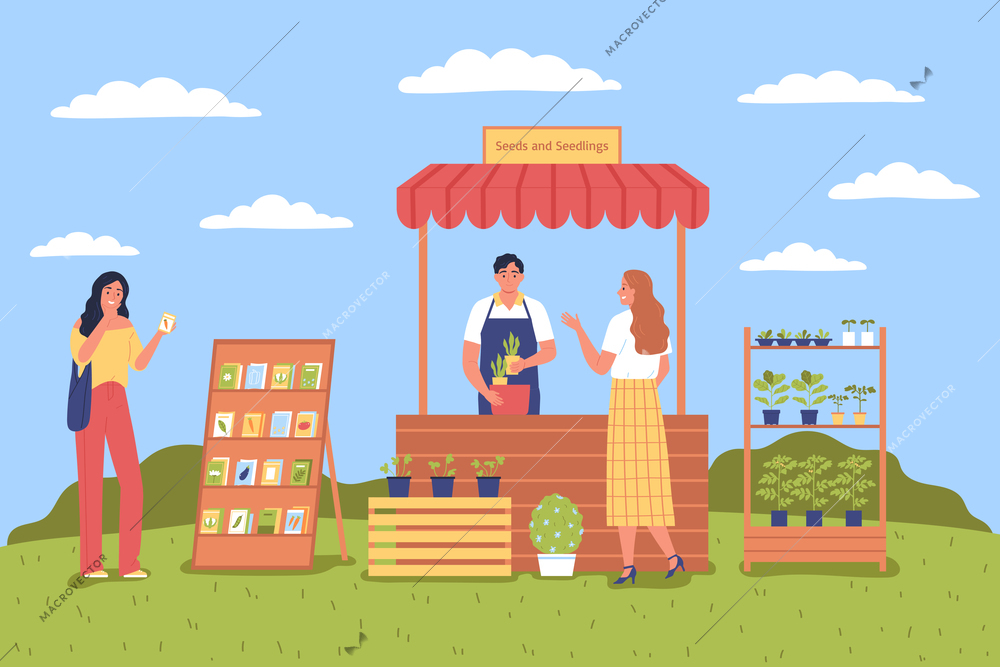 Farmer market flat colored background with male seller showing buyers seeds and seedings vector illustration