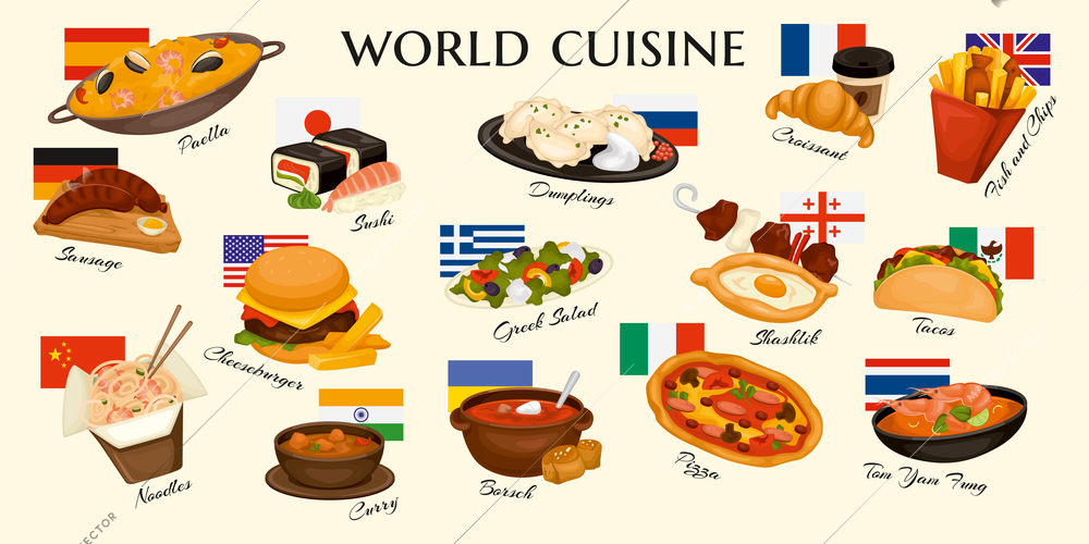 Cuisines world set with isolated icons of gourmet dishes with ornate text captions and national flags vector illustration