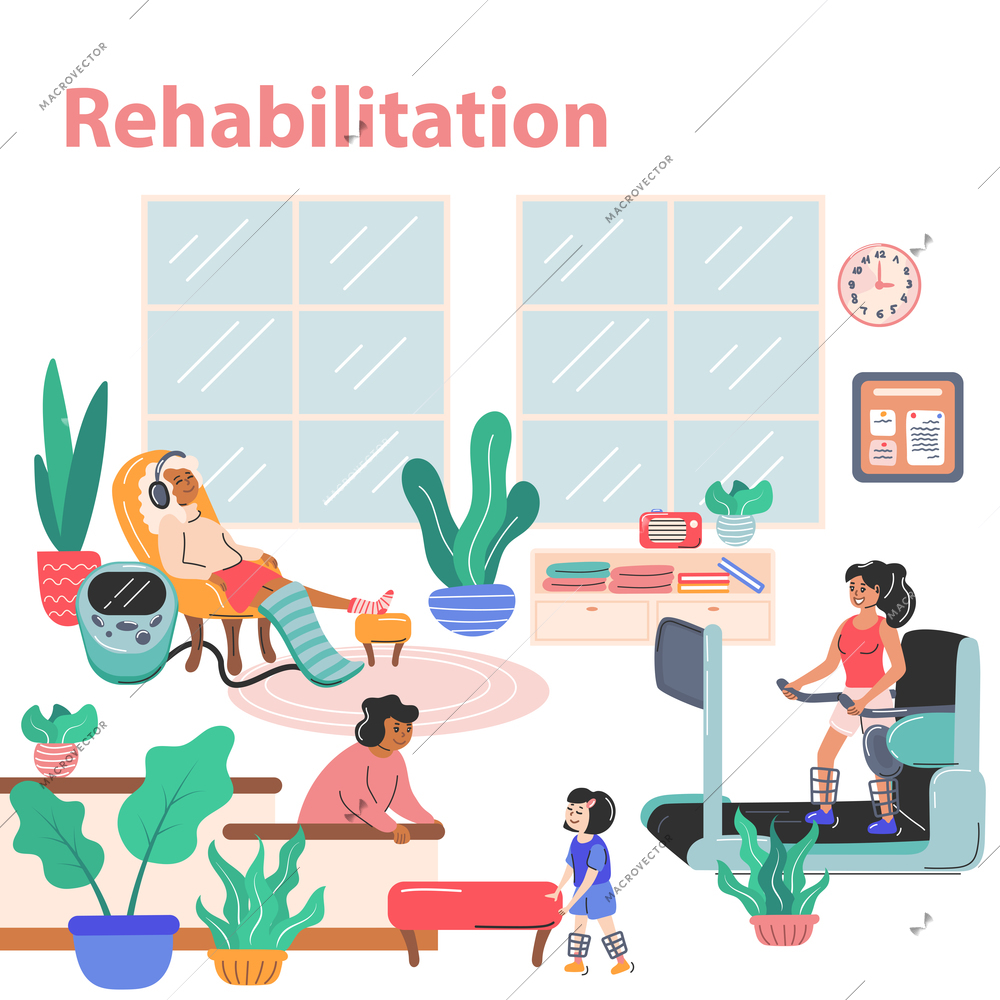 Physiotherapy and rehabilitation concept with healthcare symbols flat vector illustration