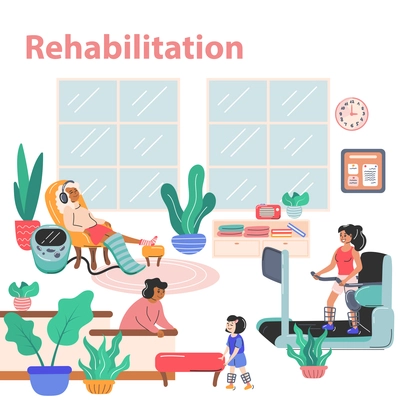 Physiotherapy and rehabilitation concept with healthcare symbols flat vector illustration